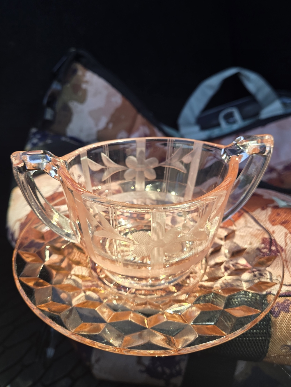 Vintage Pink Etched Glass Creamer and Saucer Set - Picture 1 of 7